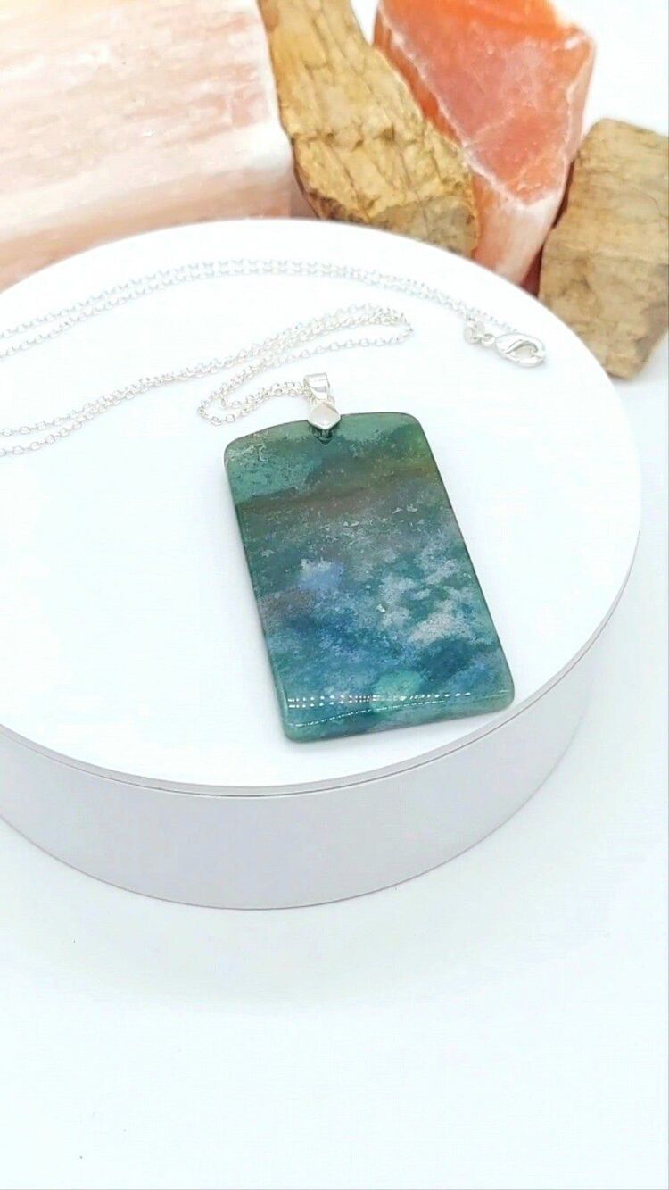 Large Moss Agate Necklace Natural Gemstone Statement Pendant - Picture 5 of 6